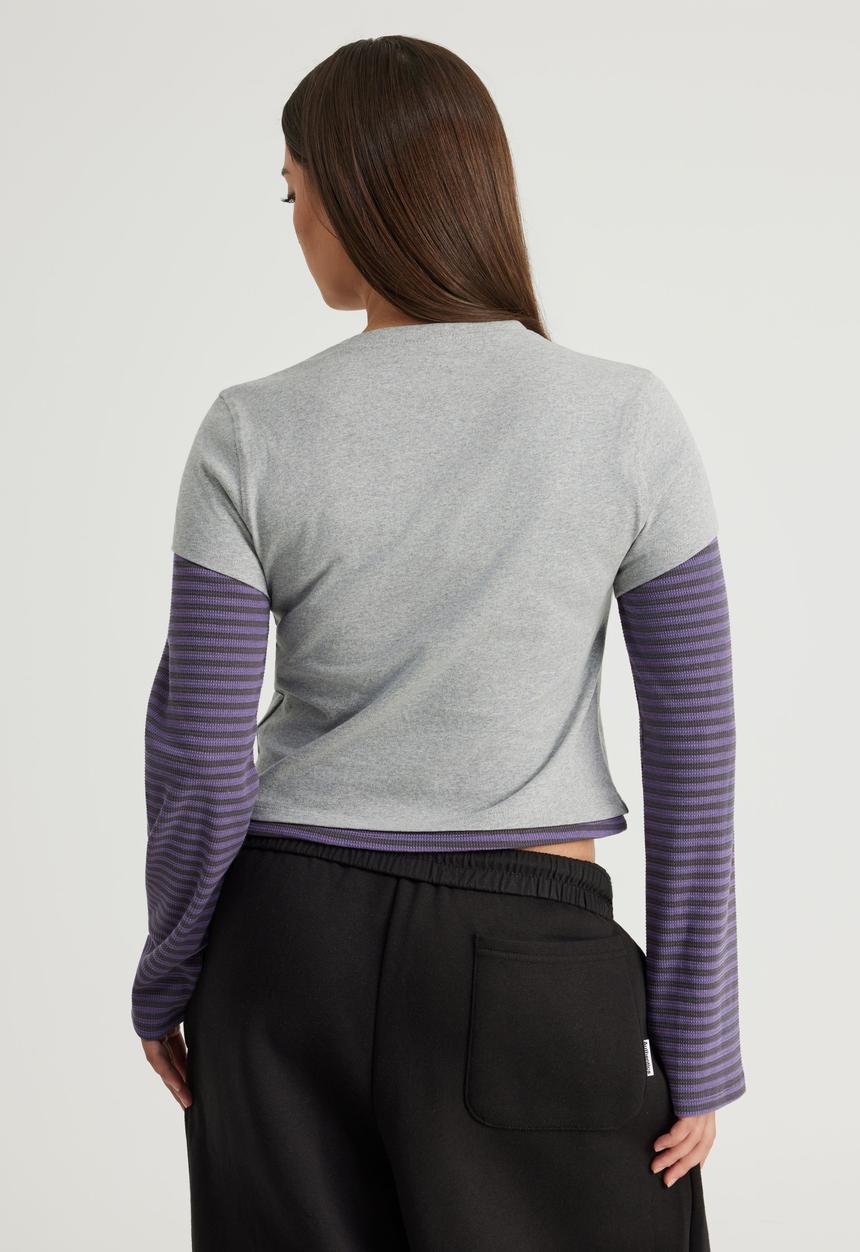 Factorie - Layered Long Sleeve Top - Grey Marle/Jasmine Blue Stone Stripe