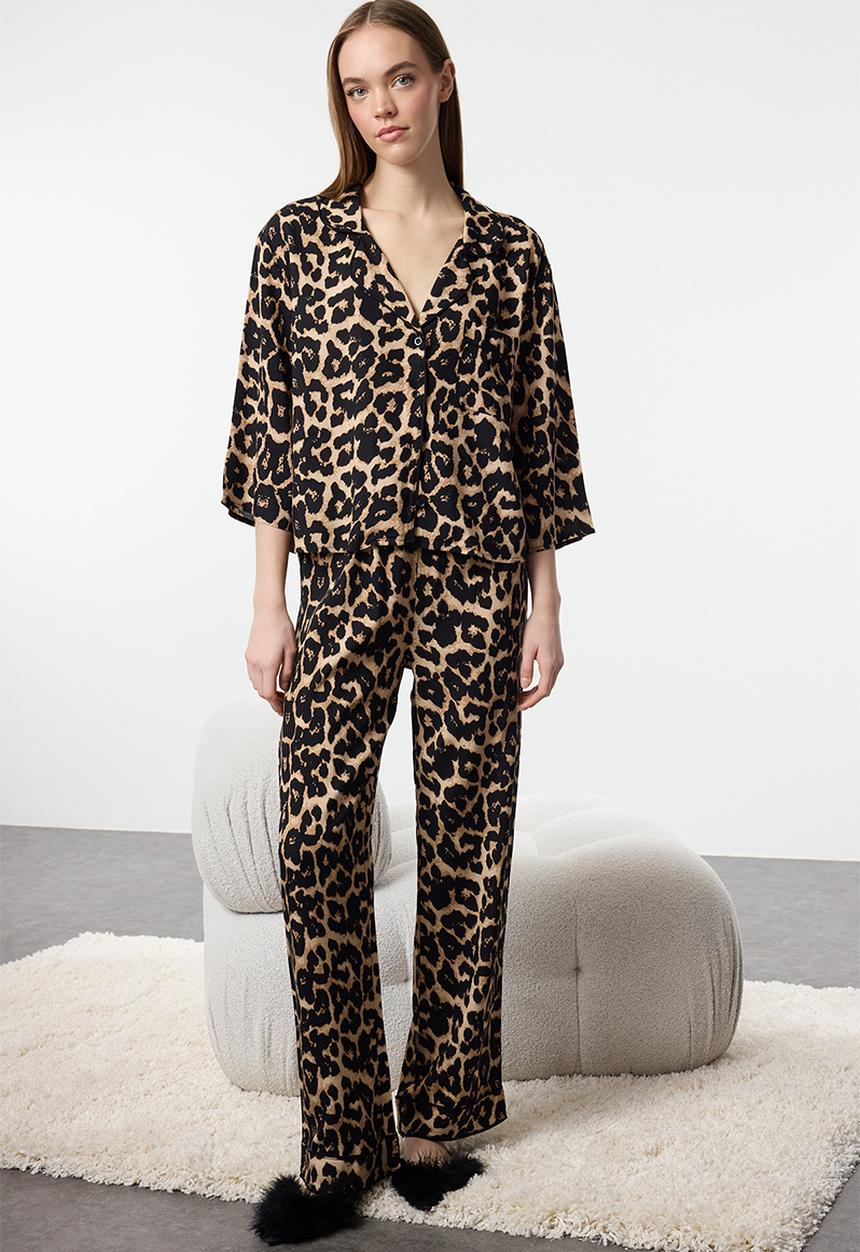 Trendyol - Leopard print ribbed viscose woven pajamas set - multicolor