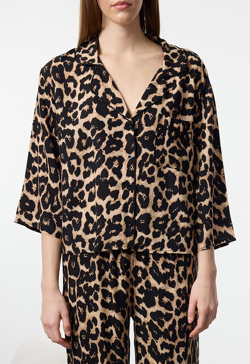 Trendyol - Leopard print ribbed viscose woven pajamas set - multicolor