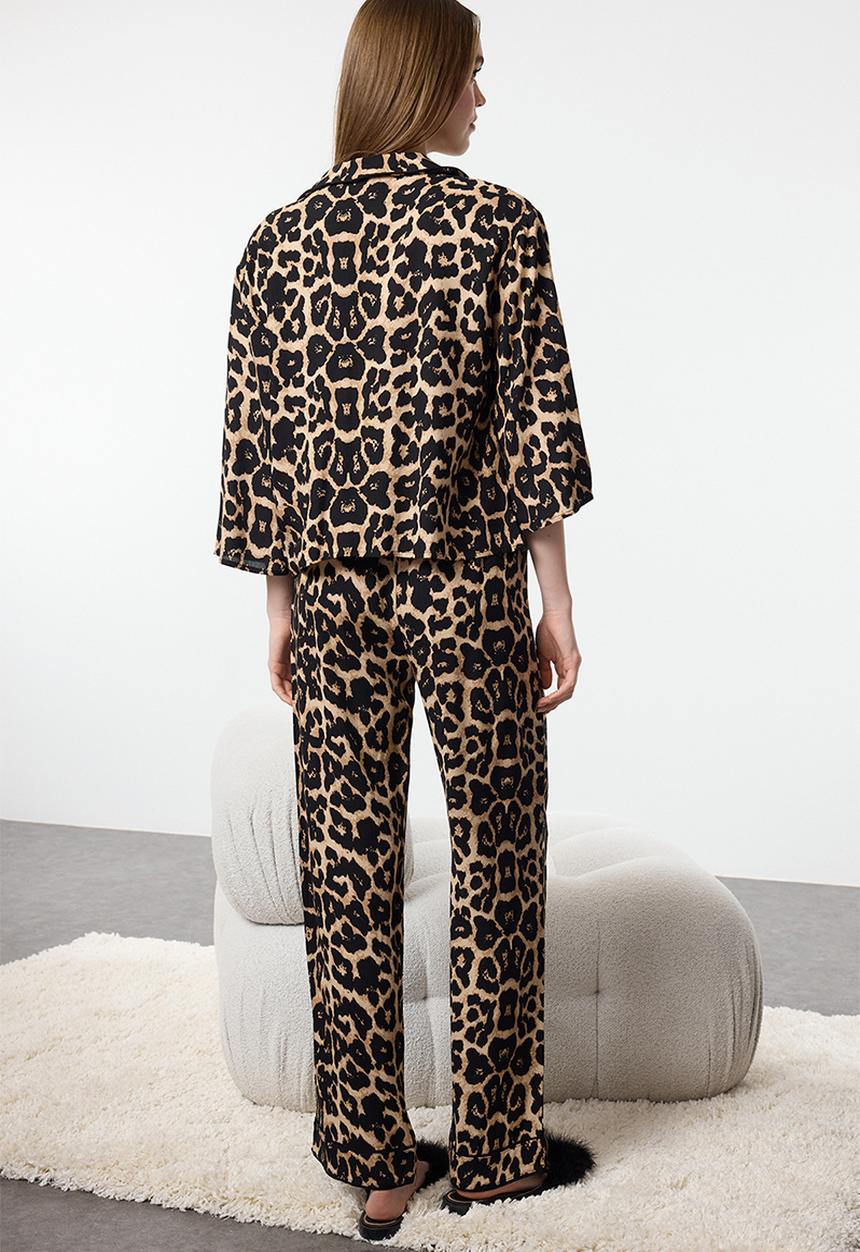 Trendyol - Leopard print ribbed viscose woven pajamas set - multicolor