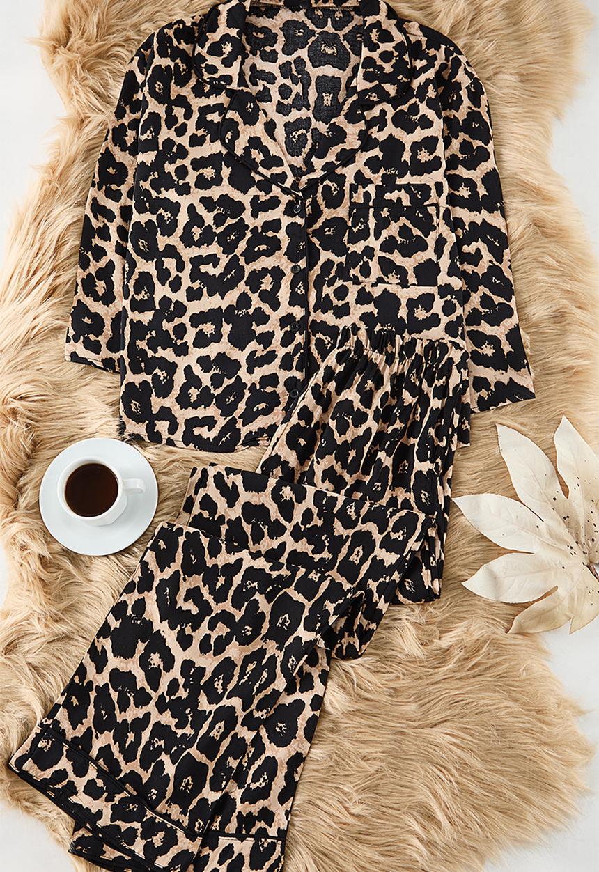 Trendyol - Leopard print ribbed viscose woven pajamas set - multicolor