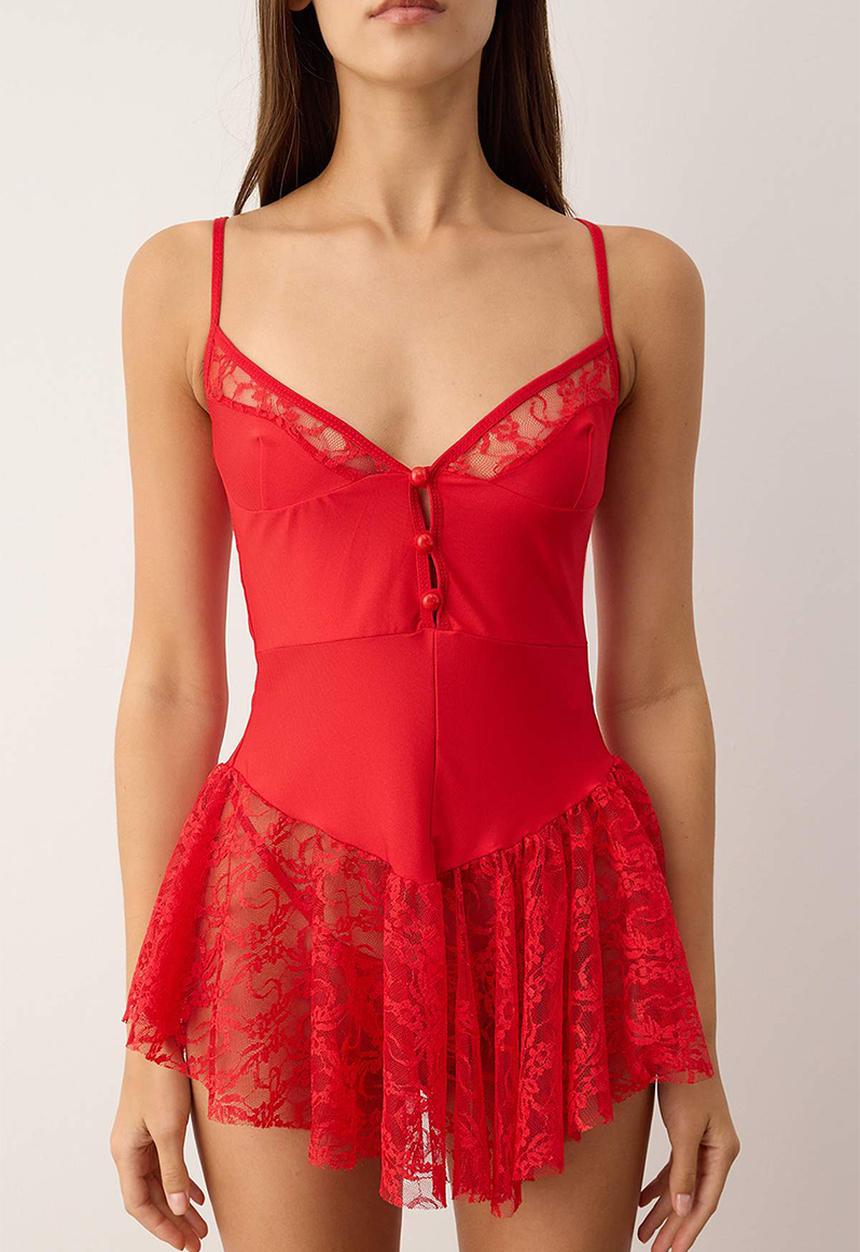 Trendyol - Lace buttoned strapless panty babydoll - red