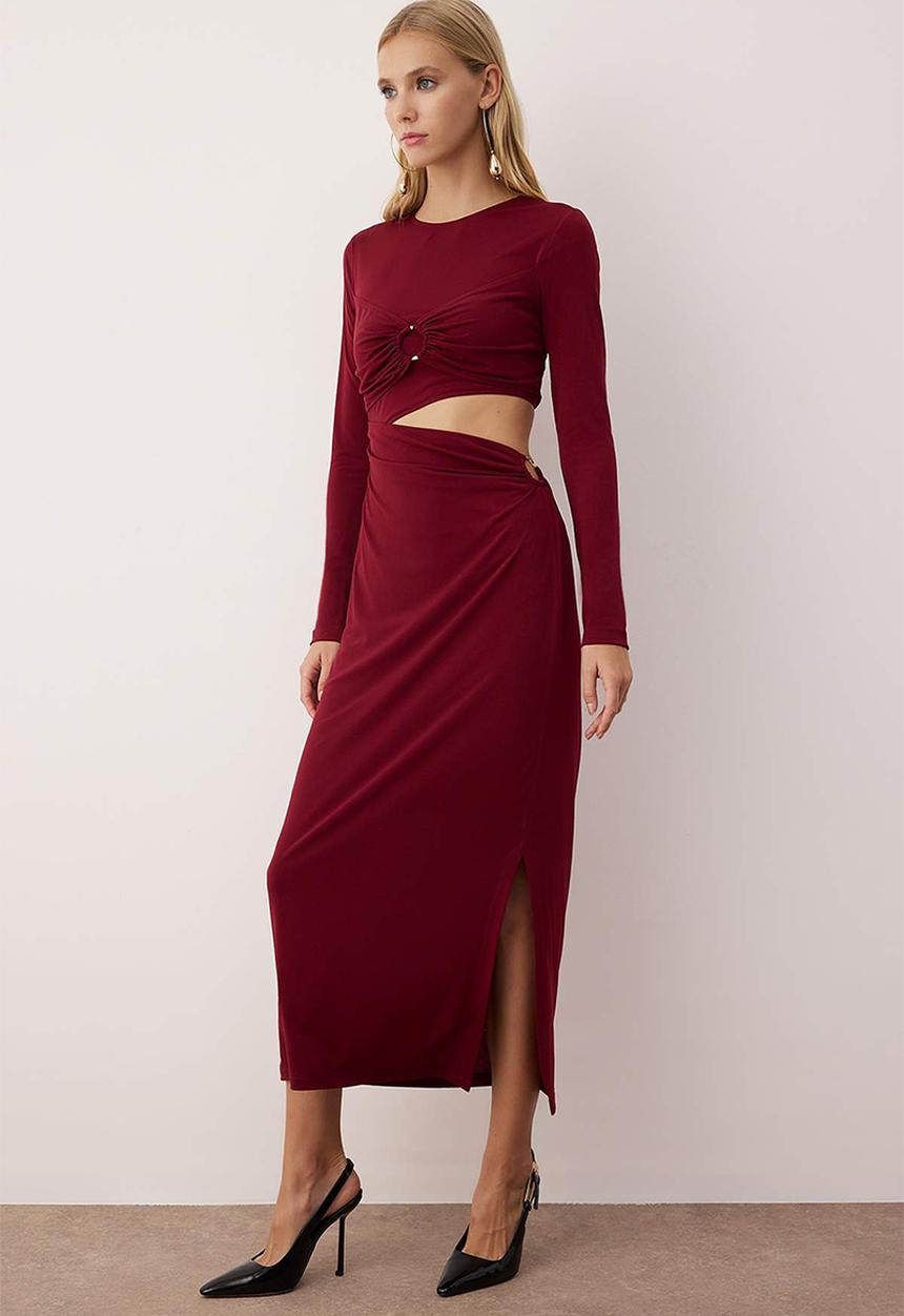Trendyol - Accessory and Waist Cut-Out Detailed Knitted Dress - Burgundy
