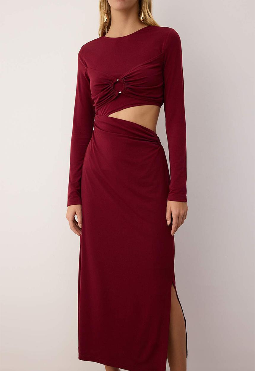 Trendyol - Accessory and Waist Cut-Out Detailed Knitted Dress - Burgundy