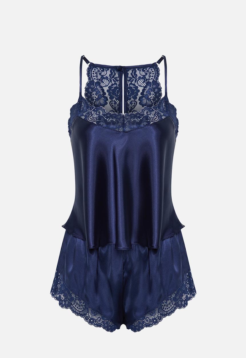 Trendyol - Satin lace shorts pajamas set - navy blue