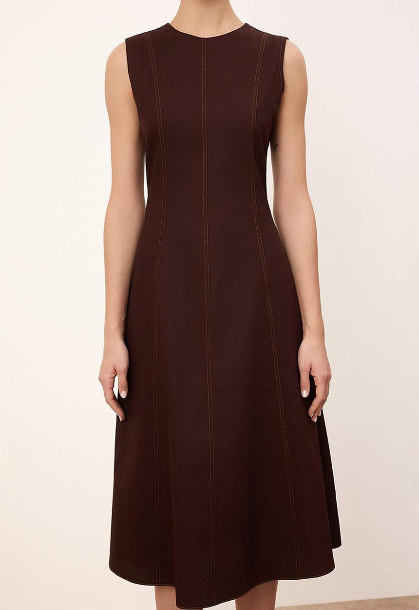 Trendyol - Wardrobe Essential Plain Contrast Stitching Detailed Midi Woven Dress - Brown