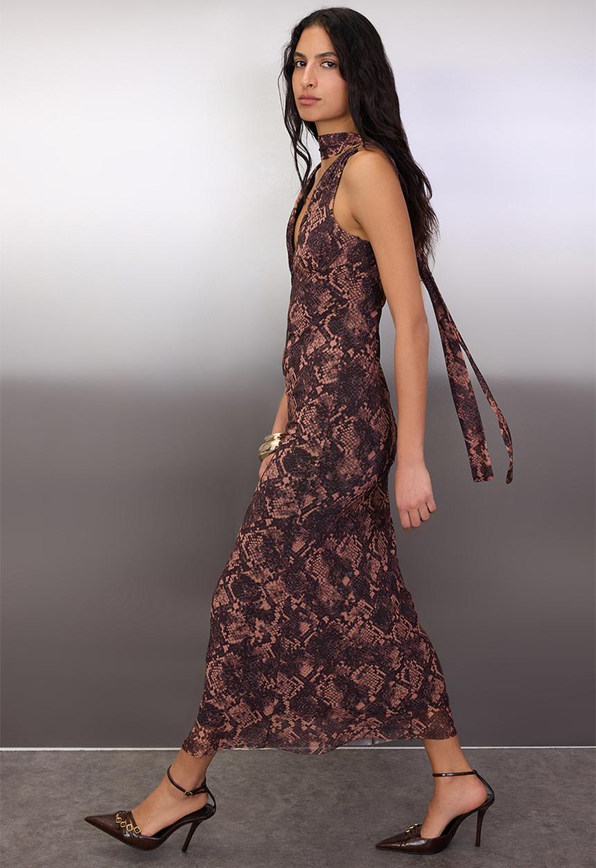 Trendyol - Animal Scarf Knitted Tulle Maxi Lined Dress - Multi