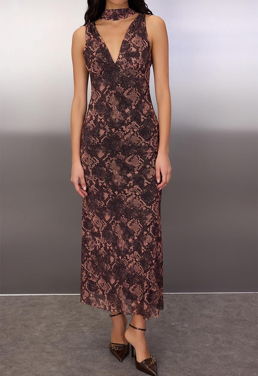 Trendyol - Animal Scarf Knitted Tulle Maxi Lined Dress - Multi