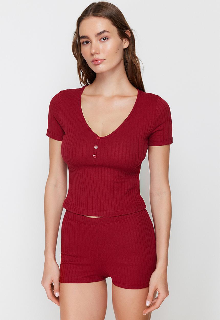 Trendyol - Button detailed corded knitted pajama set - burgundy