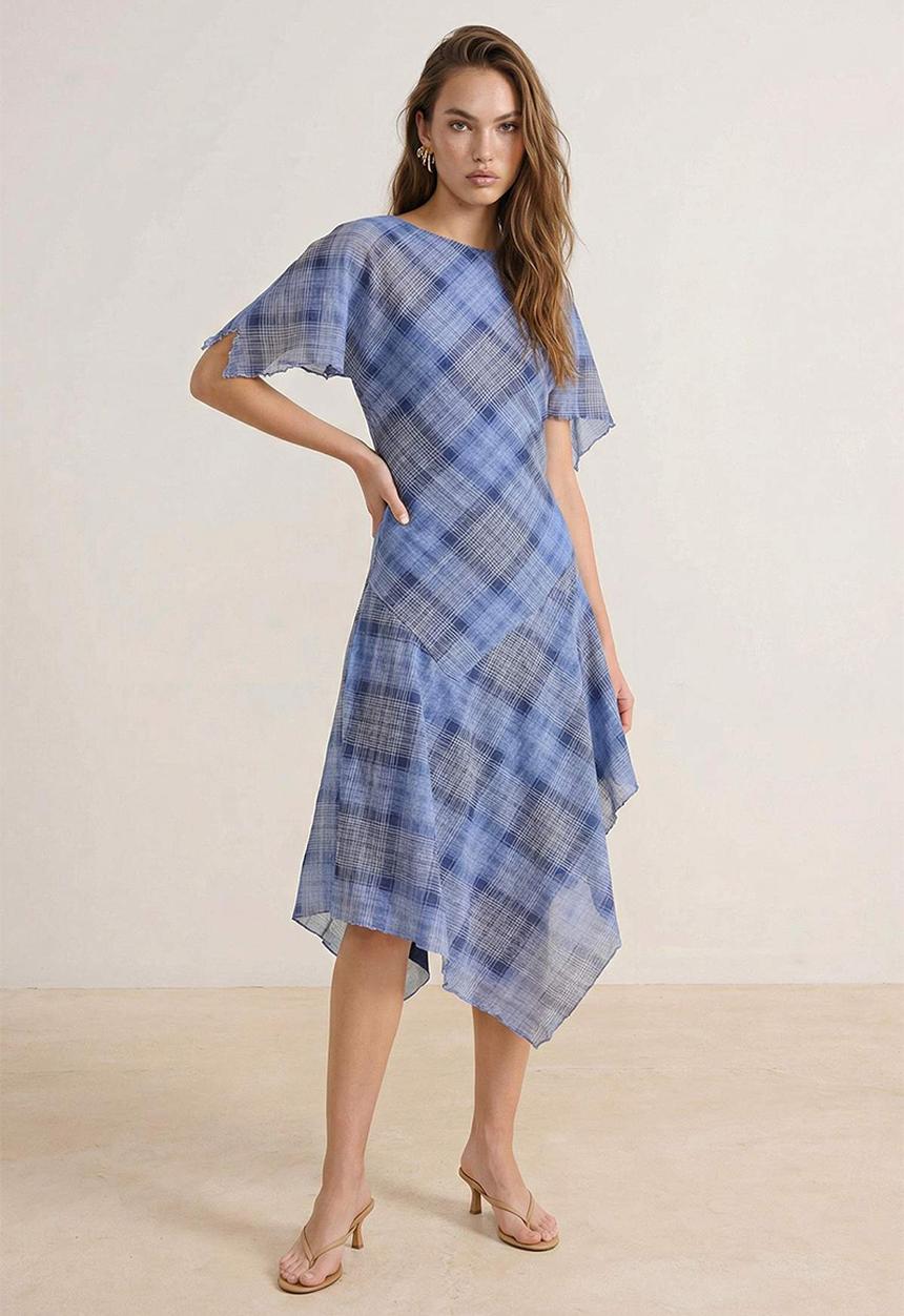Trendyol - Plaid Angel Sleeve Flounced Midi Foam Knitted Dress - Blue