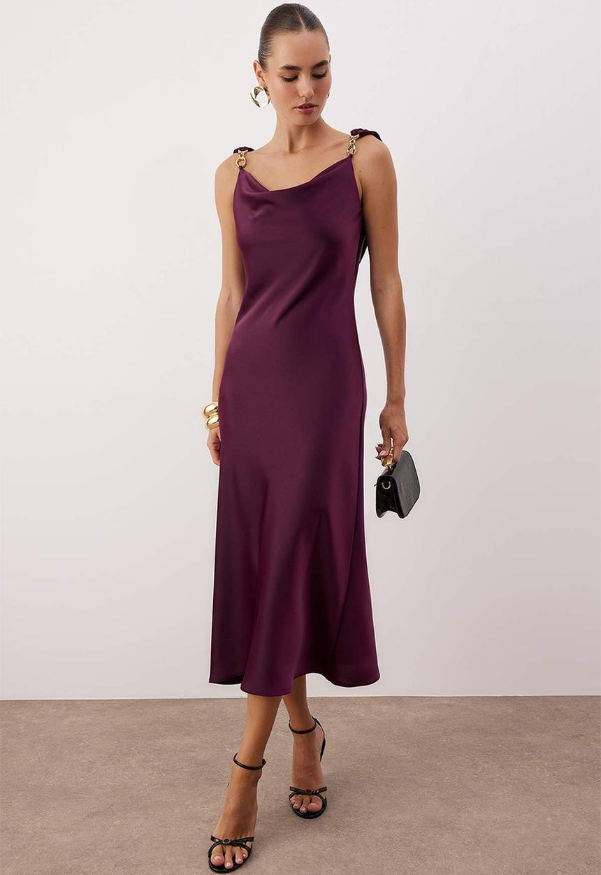 Trendyol - Plain Accessory Detailed Woven Satin Maxi Party Dress - Plum