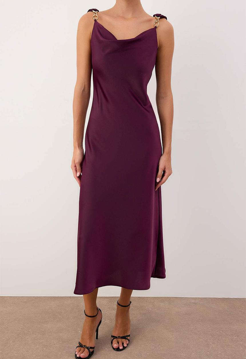 Trendyol - Plain Accessory Detailed Woven Satin Maxi Party Dress - Plum