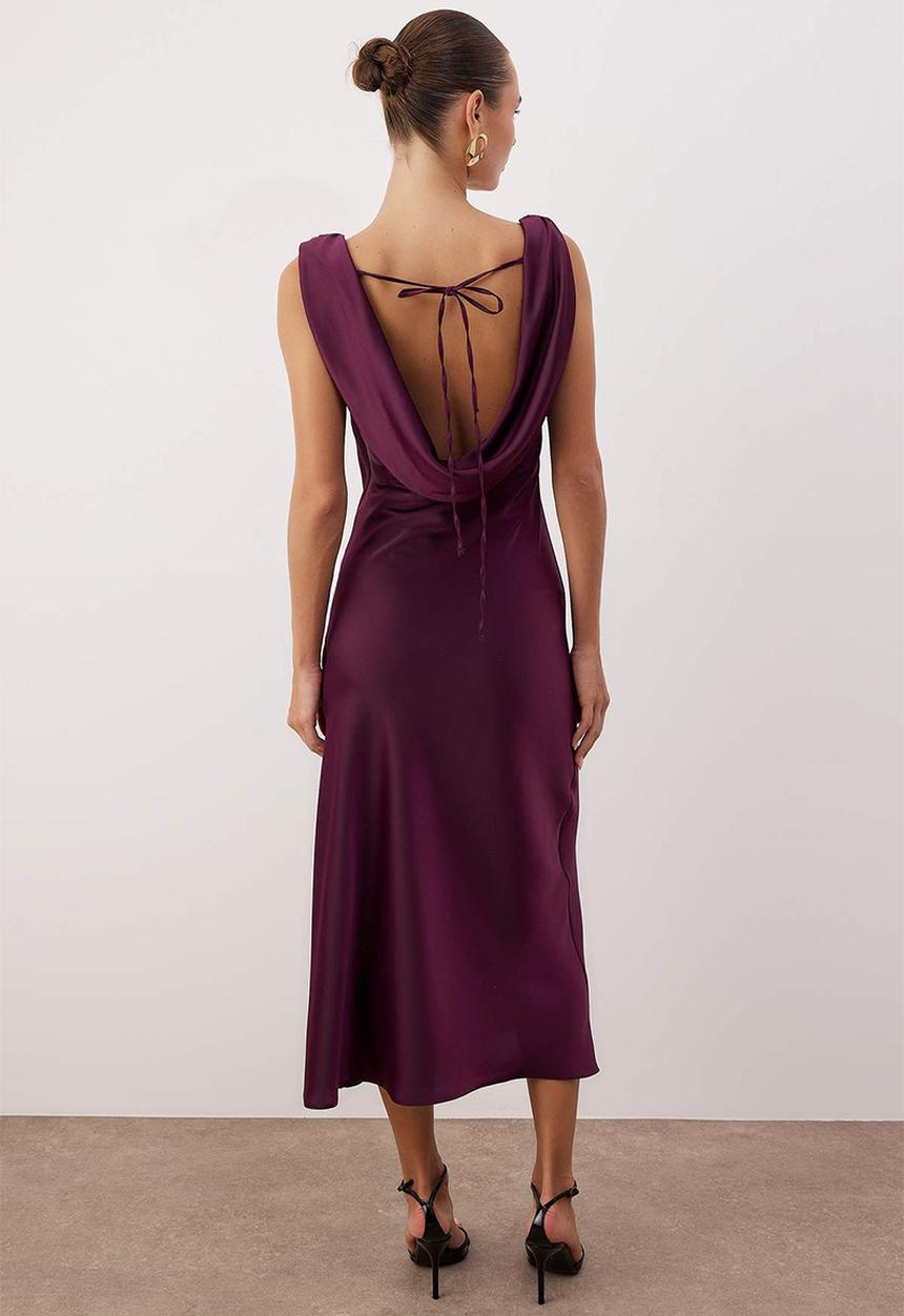Trendyol - Plain Accessory Detailed Woven Satin Maxi Party Dress - Plum