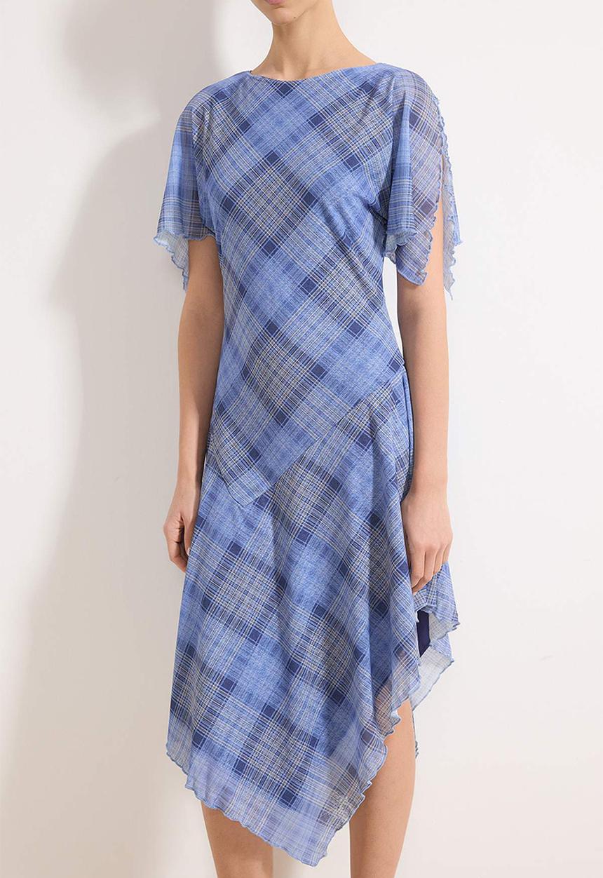 Trendyol - Plaid Angel Sleeve Flounced Midi Foam Knitted Dress - Blue
