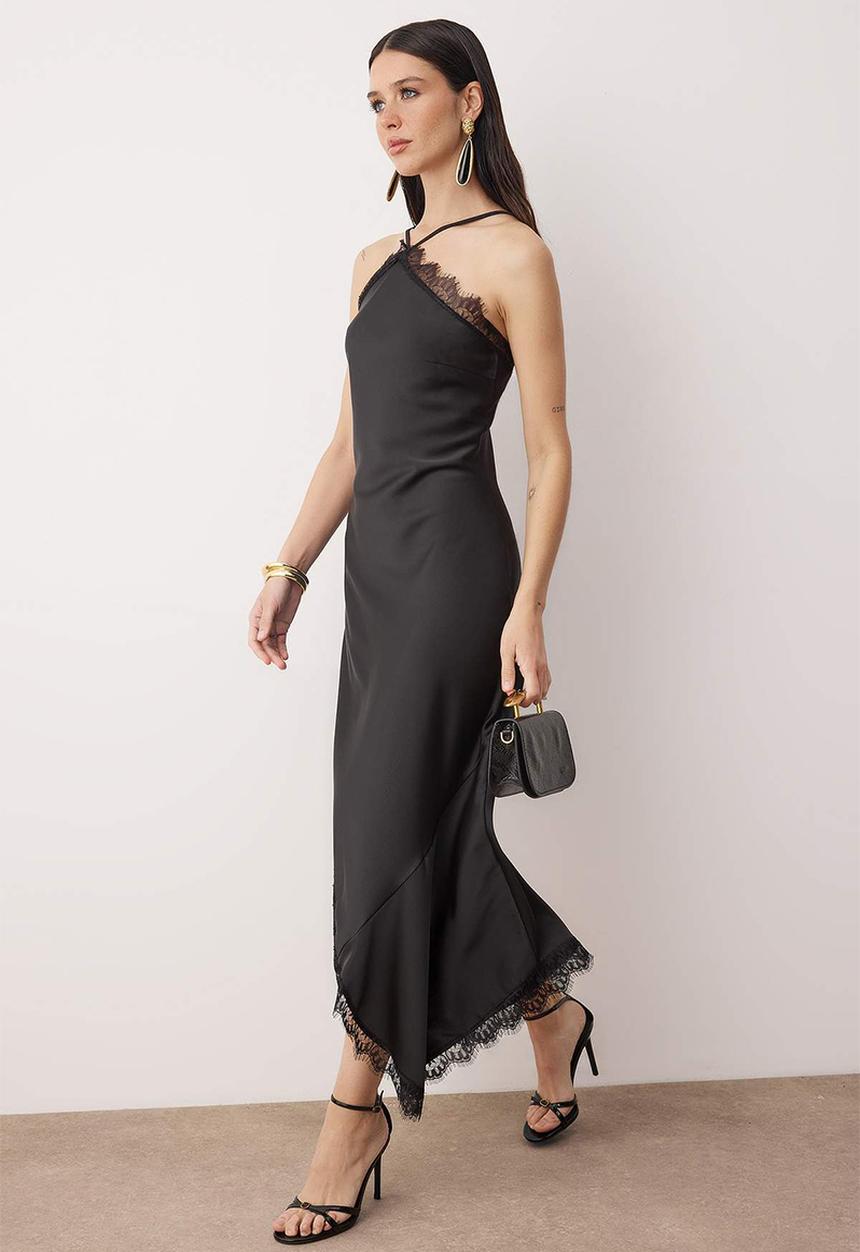 Trendyol - Lace Detailed Woven Satin Midi Unlined Evening Dress - Black