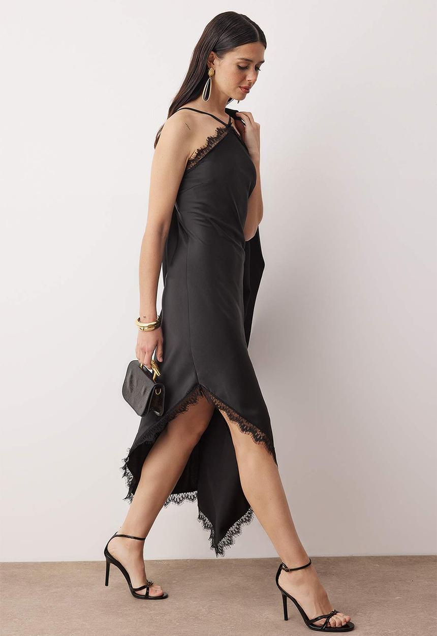 Trendyol - Lace Detailed Woven Satin Midi Unlined Evening Dress - Black