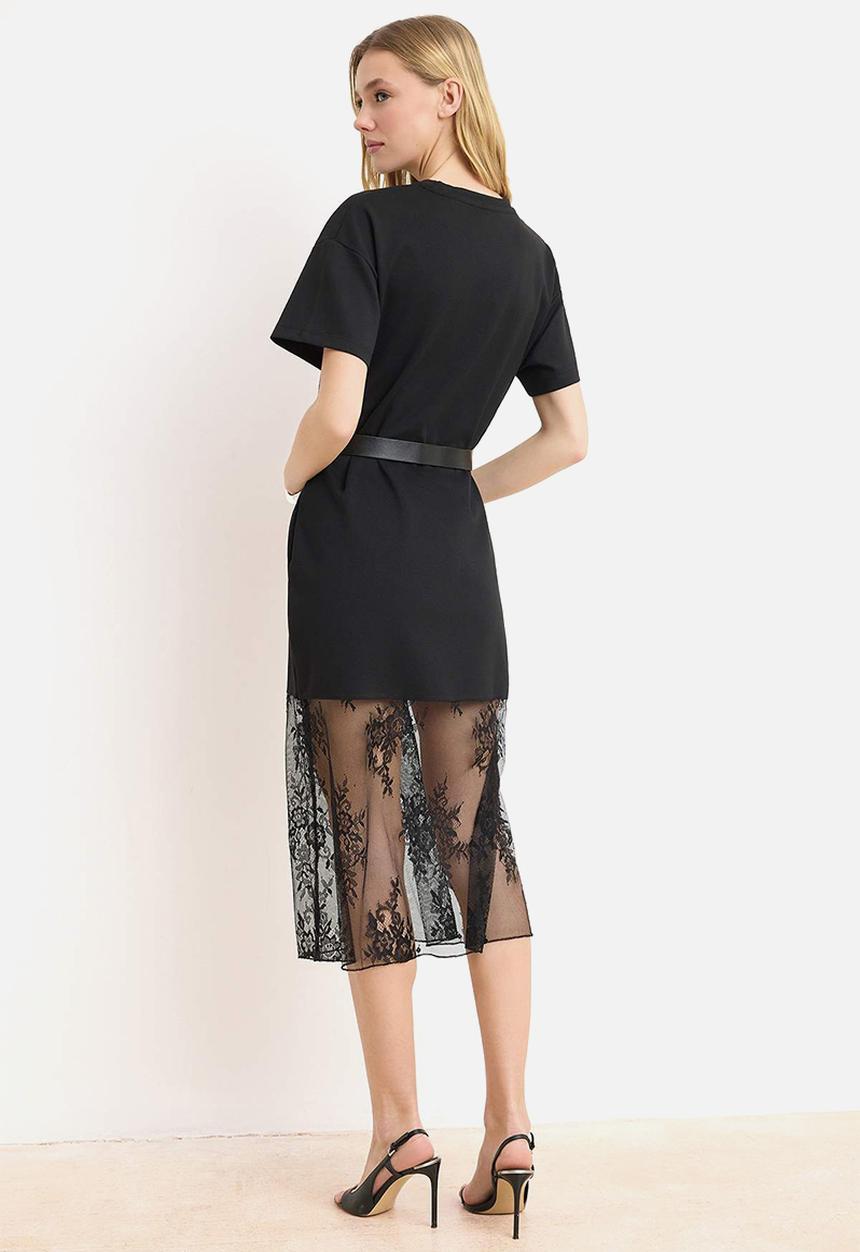 Trendyol - Shift Low Sleeve Lace Detailed Midi Interlock Knitted Dress - Black
