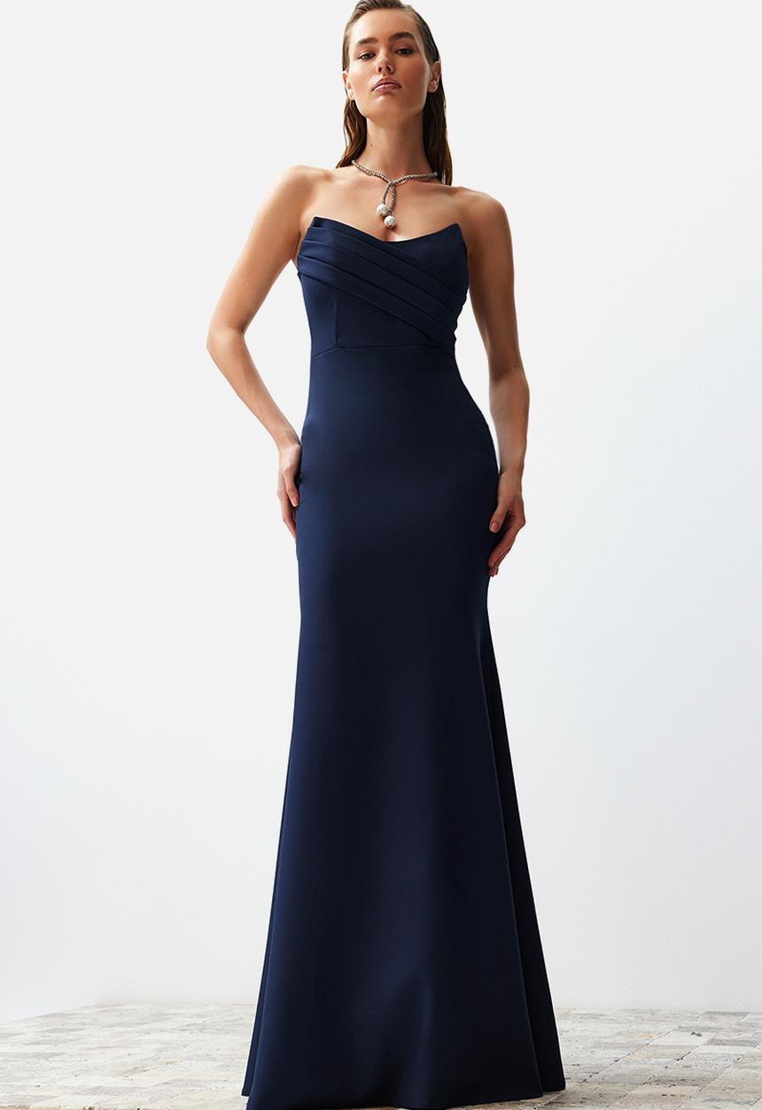 Trendyol - Collar Detailed Woven Long   Dress - Navy Blue