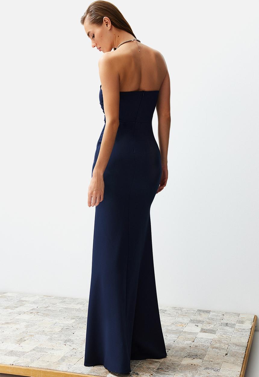 Trendyol - Collar Detailed Woven Long   Dress - Navy Blue