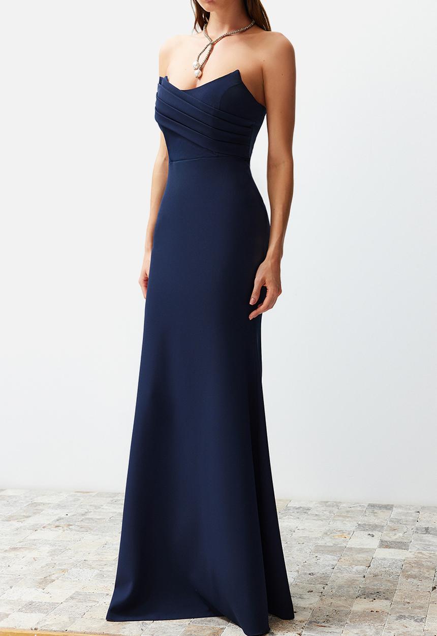 Trendyol - Collar Detailed Woven Long   Dress - Navy Blue