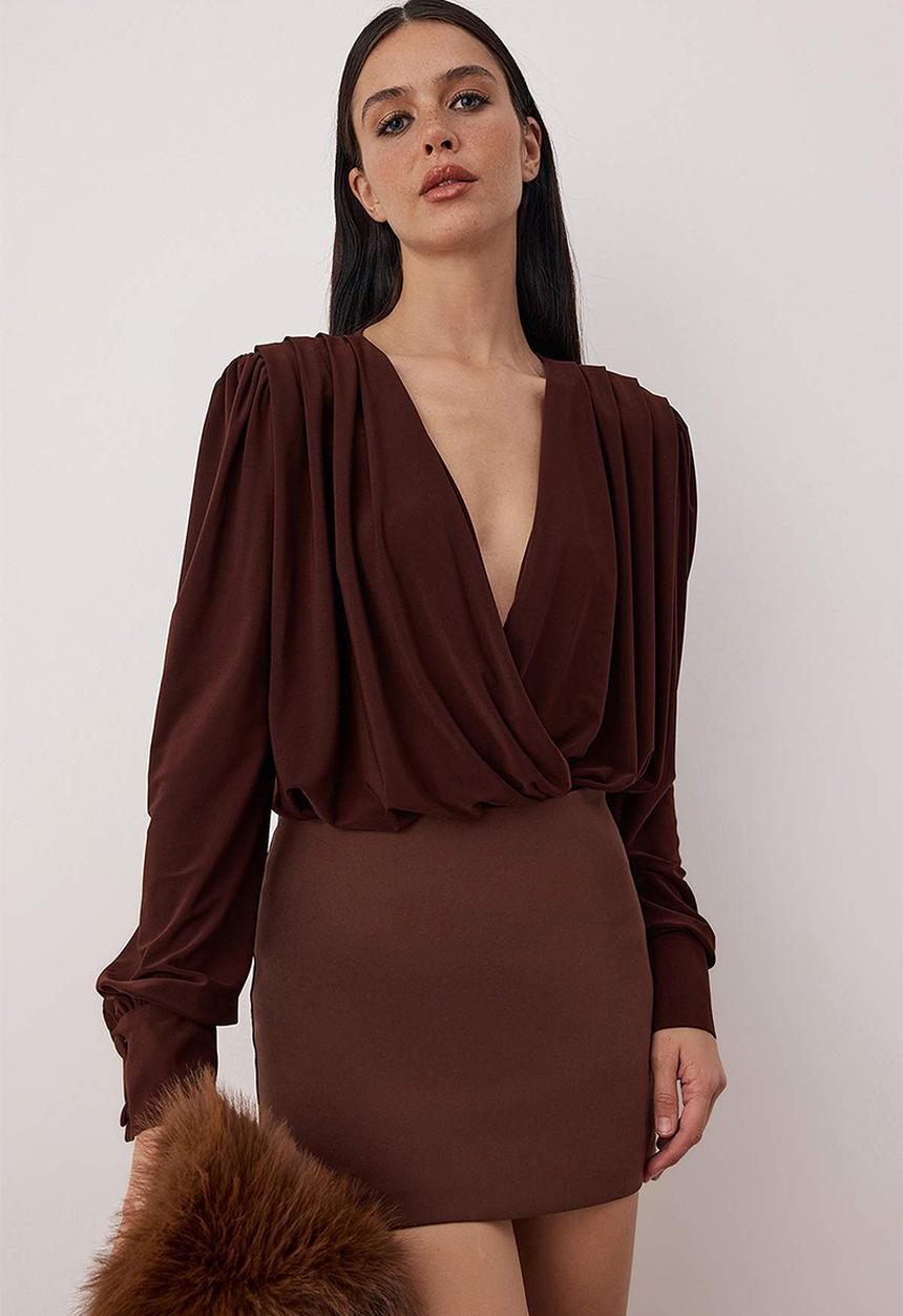 Trendyol - Plain V-Neck Long Padded Bodysuit - Dark Brown