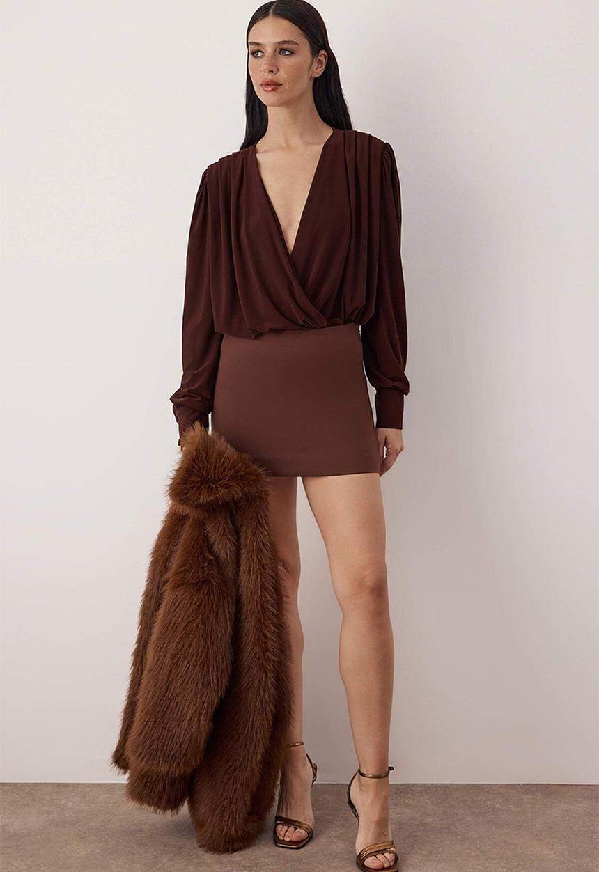 Trendyol - Plain V-Neck Long Padded Bodysuit - Dark Brown