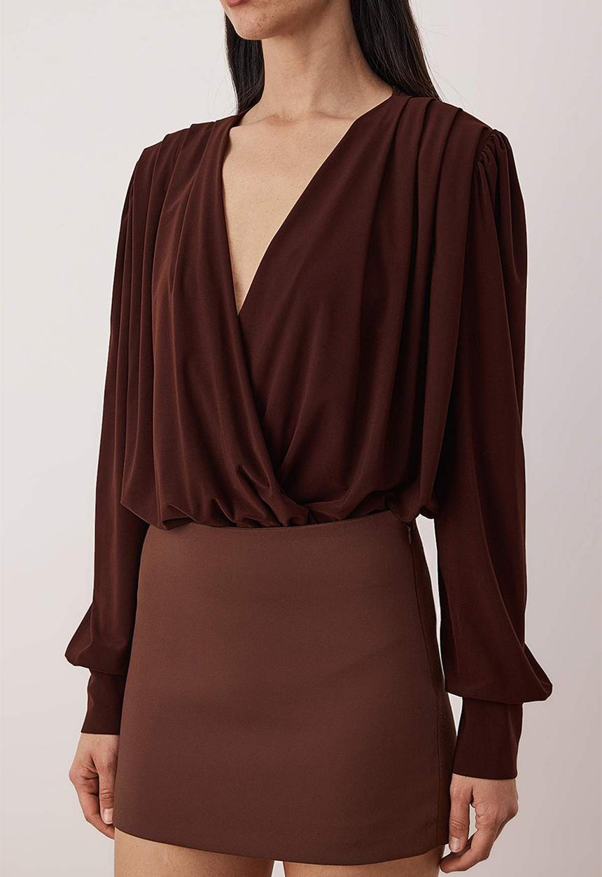 Trendyol - Plain V-Neck Long Padded Bodysuit - Dark Brown