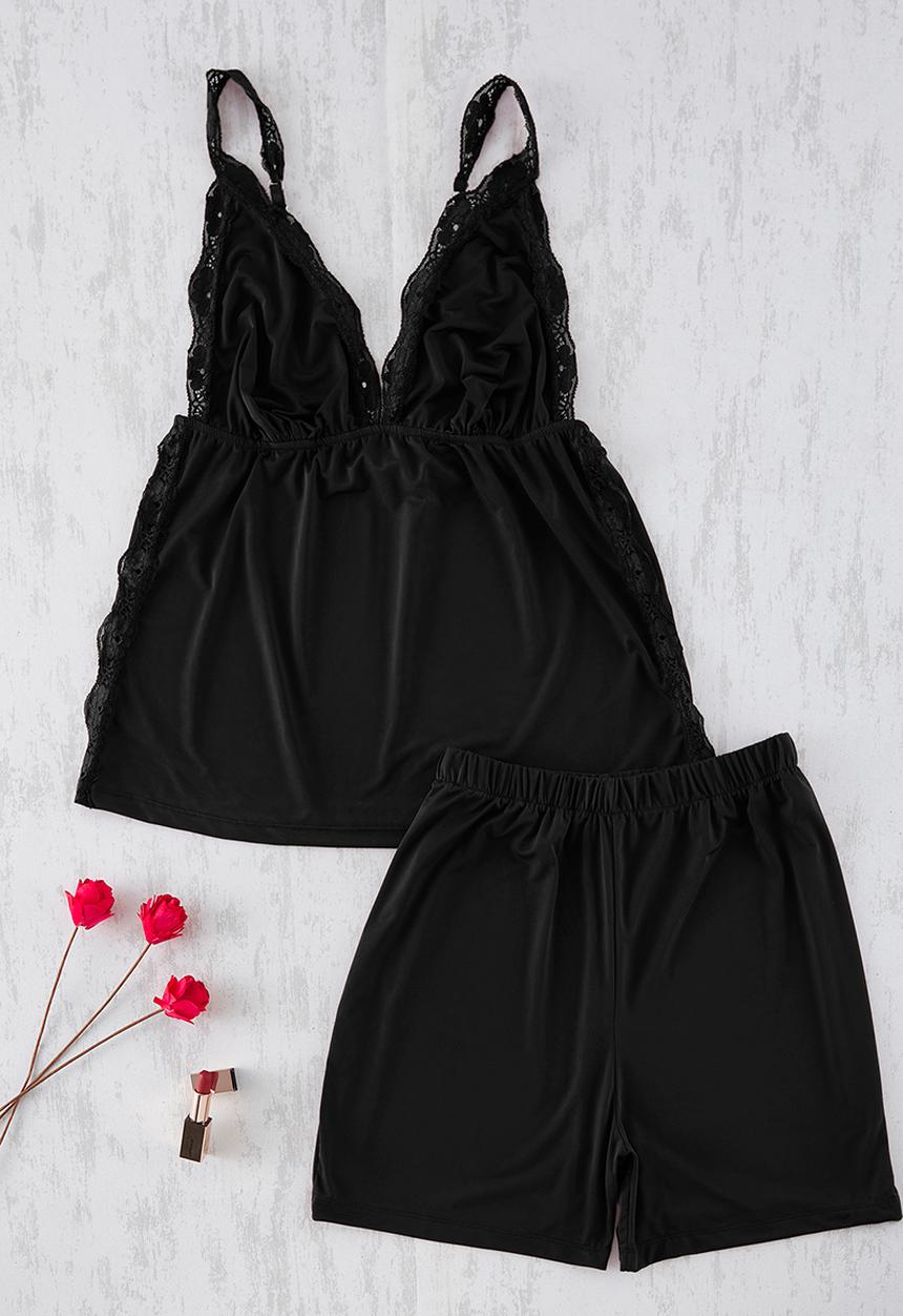 Trendyol - Plus V-Neck Lace Knitted Pajamas Set - Blackk