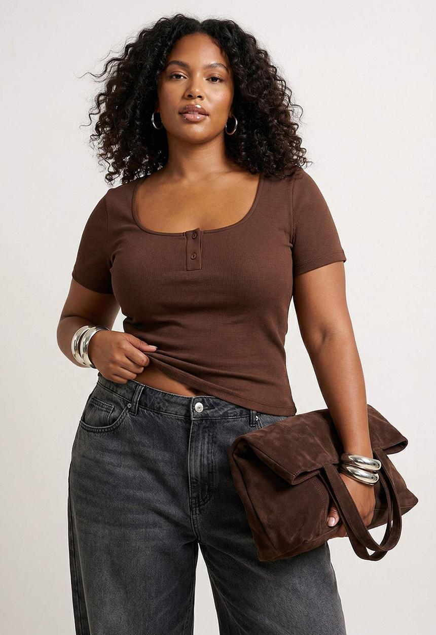 Trendyol - Plus Pool Collar Fitted Knitted Blouse - Brown