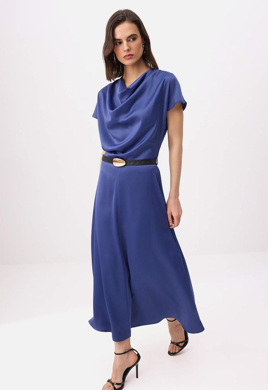 Trendyol - Belted Midi Woven Dress - Petrol
