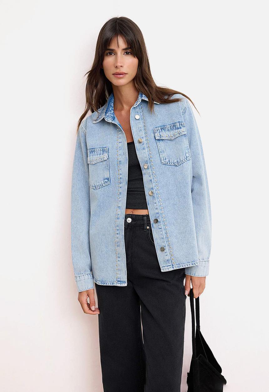 Trendyol - Oversized Denim Shirt Jacket with Trok Detail - Light Blue
