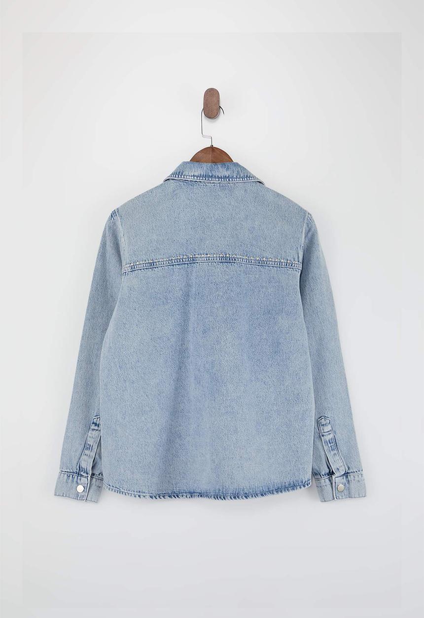 Trendyol - Oversized Denim Shirt Jacket with Trok Detail - Light Blue