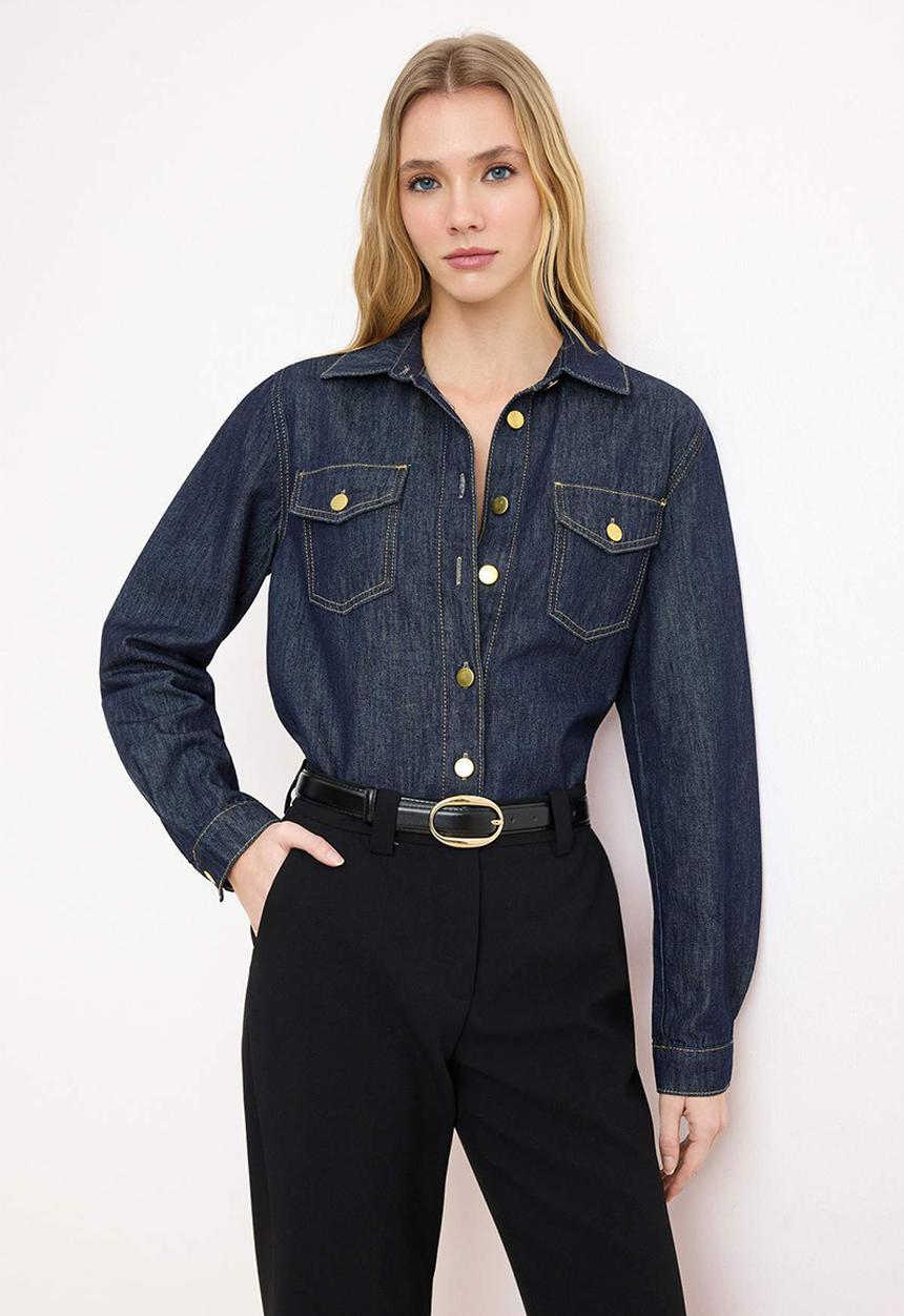 Trendyol - Button Detail Basic Cotton Denim Shirt - Dark Blue