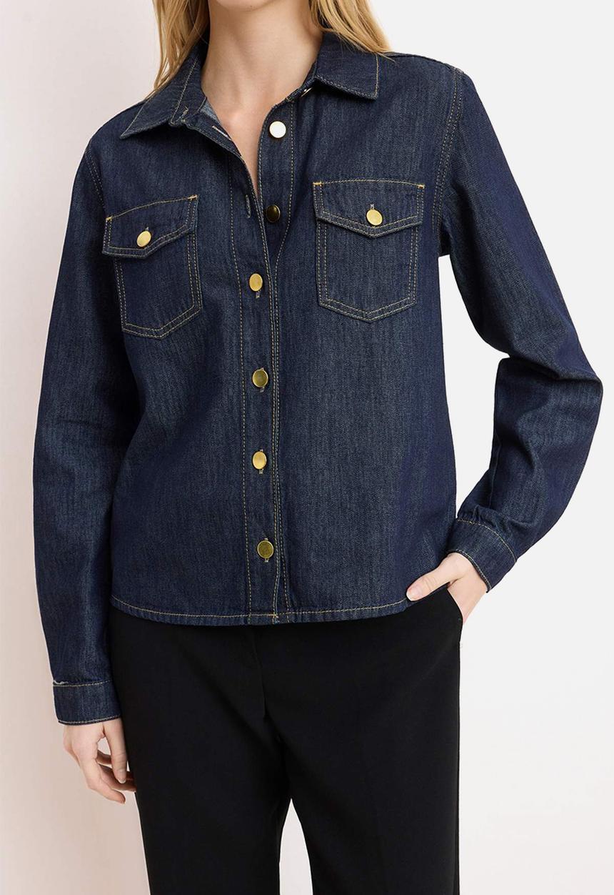 Trendyol - Button Detail Basic Cotton Denim Shirt - Dark Blue