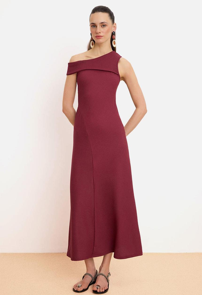 Trendyol - Striped A-Line Asymmetrical Textured Knitted Dress - Burgundy