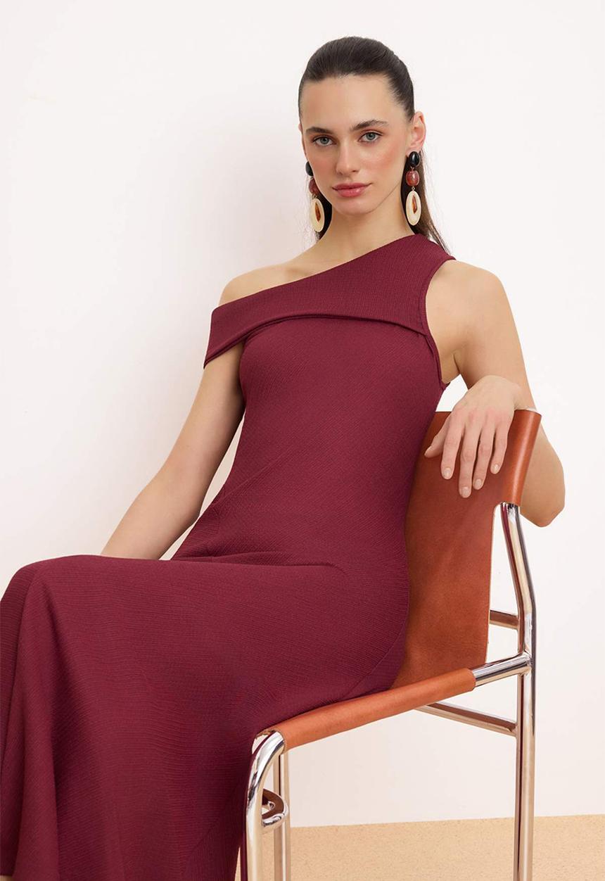 Trendyol - Striped A-Line Asymmetrical Textured Knitted Dress - Burgundy