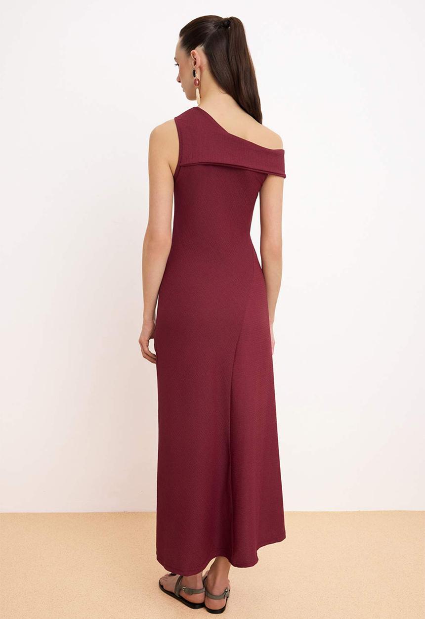 Trendyol - Striped A-Line Asymmetrical Textured Knitted Dress - Burgundy