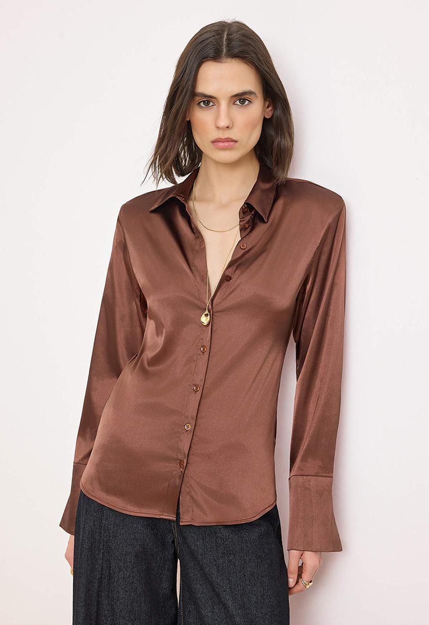 Trendyol - Waist-Fit Satin Shirt with Shoulder Pads - Brown