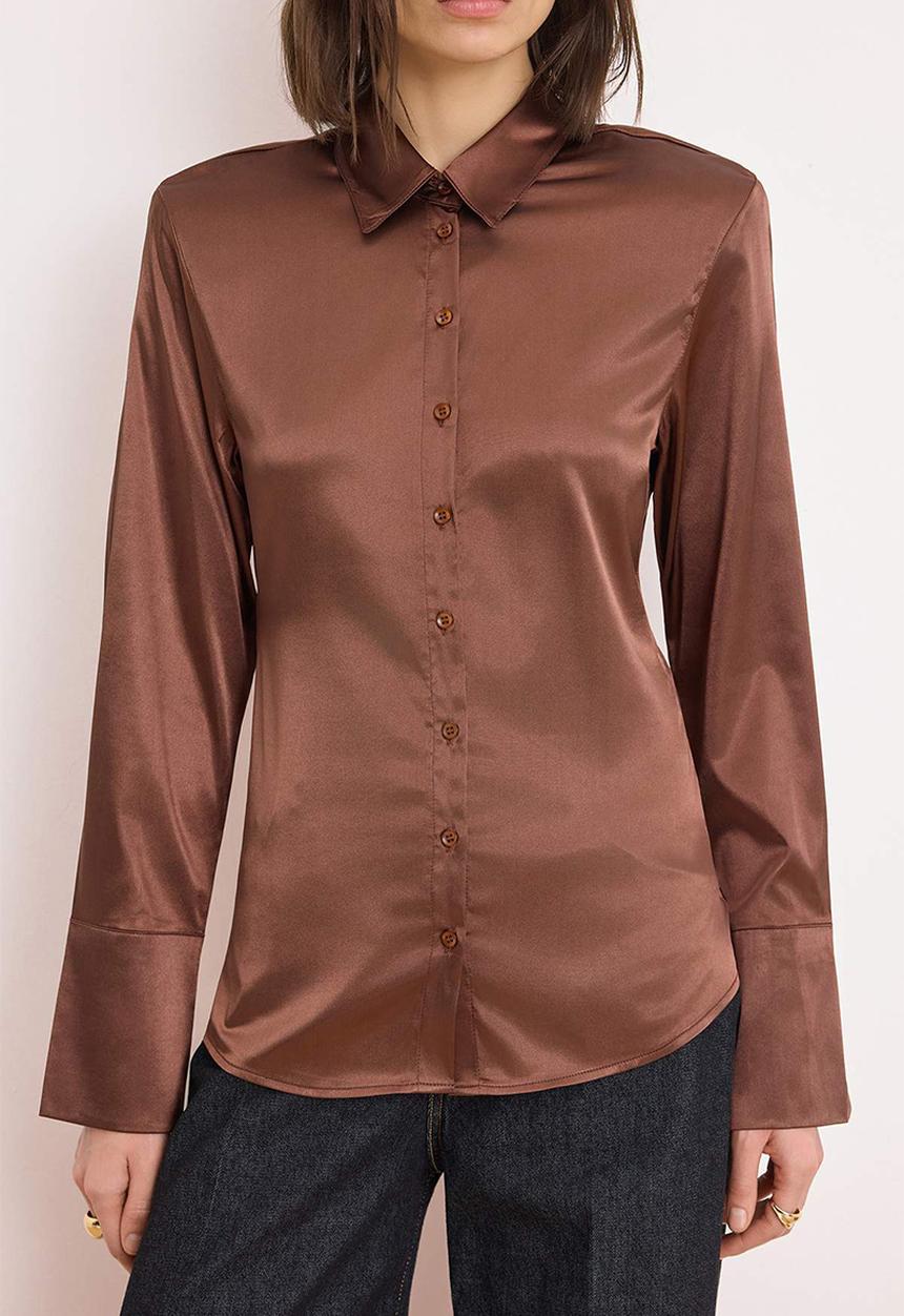 Trendyol - Waist-Fit Satin Shirt with Shoulder Pads - Brown