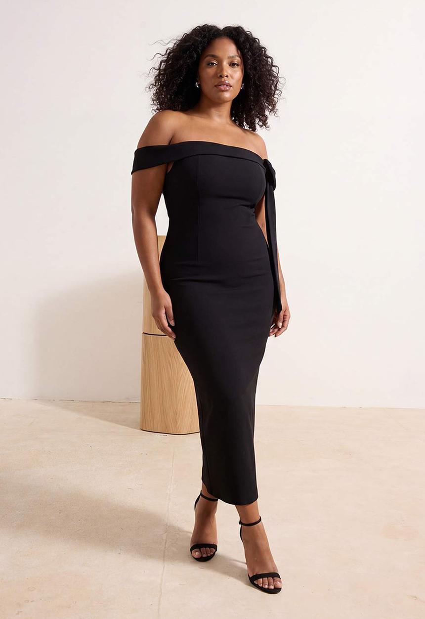 Trendyol - Plus Bow Detail Knitted Evening Dress Graduation Dress - Black