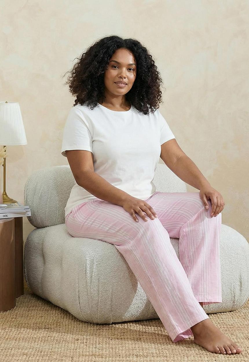 Trendyol - Striped Knitted Plus Size Pajama Set - White-Pink