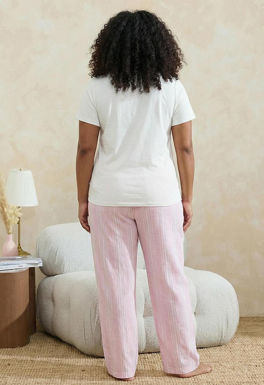 Trendyol - Striped Knitted Plus Size Pajama Set - White-Pink