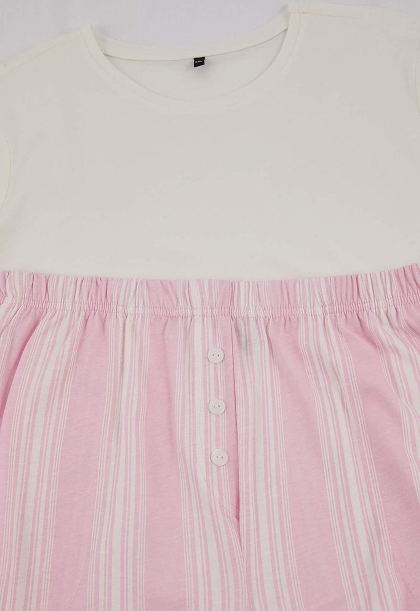Trendyol - Striped Knitted Plus Size Pajama Set - White-Pink