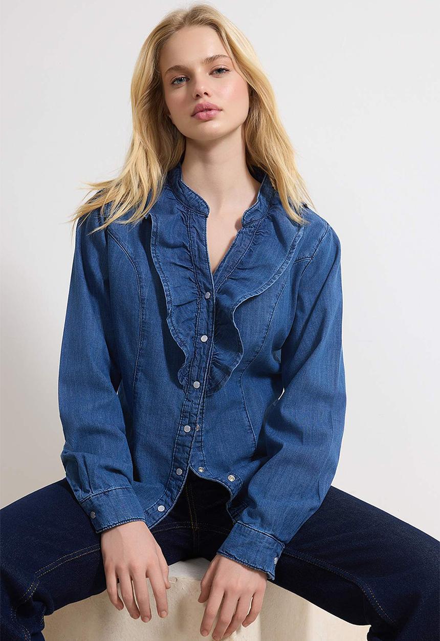Trendyol - Peter Pan Collar Cotton Denim Shirt - Blue