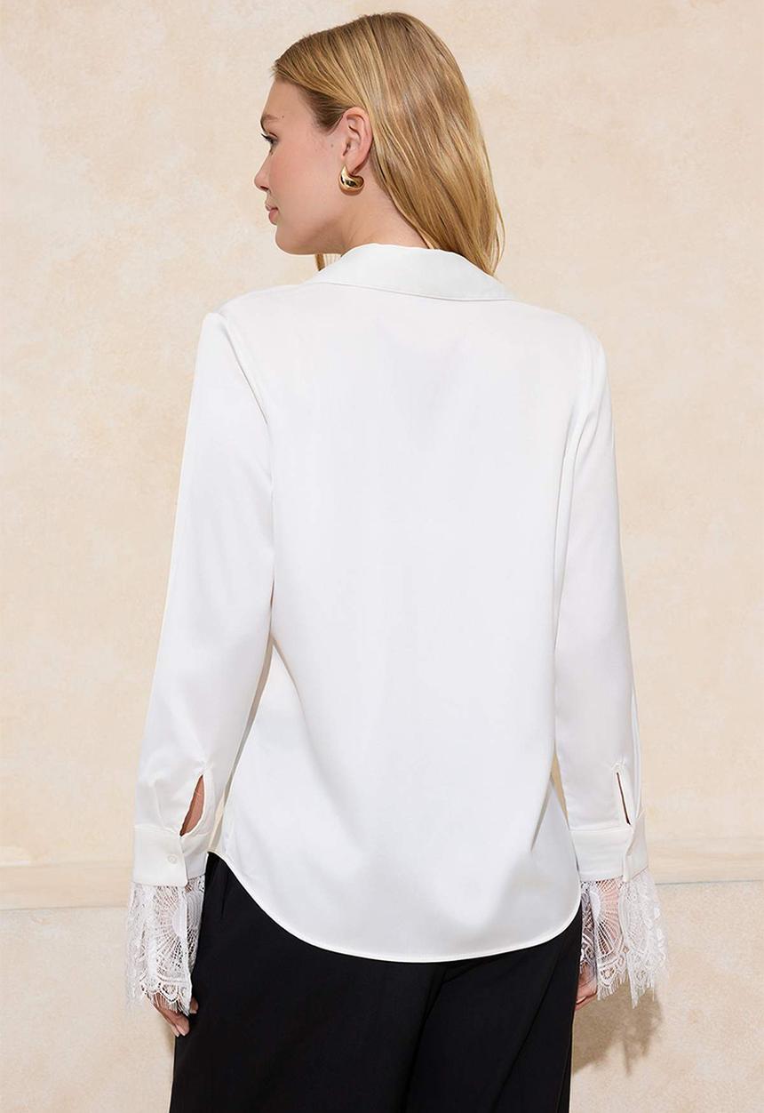 Trendyol - Lace Detail Satin Shirt - White