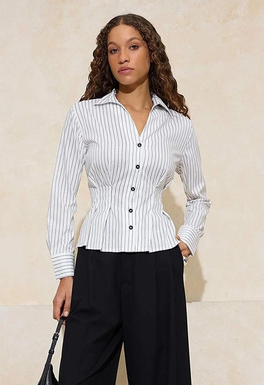 Trendyol - Striped Button Detail Fitted Shirt - White