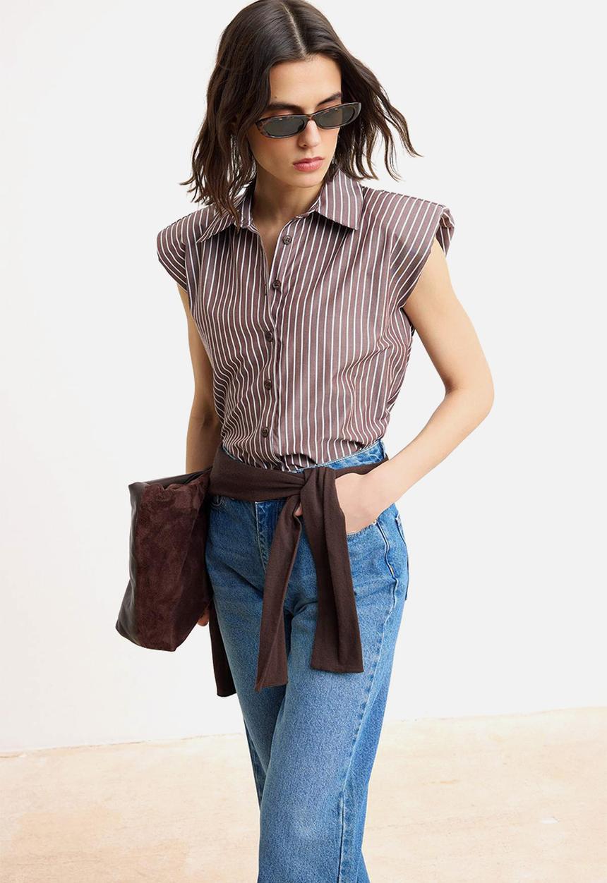 Trendyol - Striped Sleeveless Shirt with Shoulder Pads - Brown