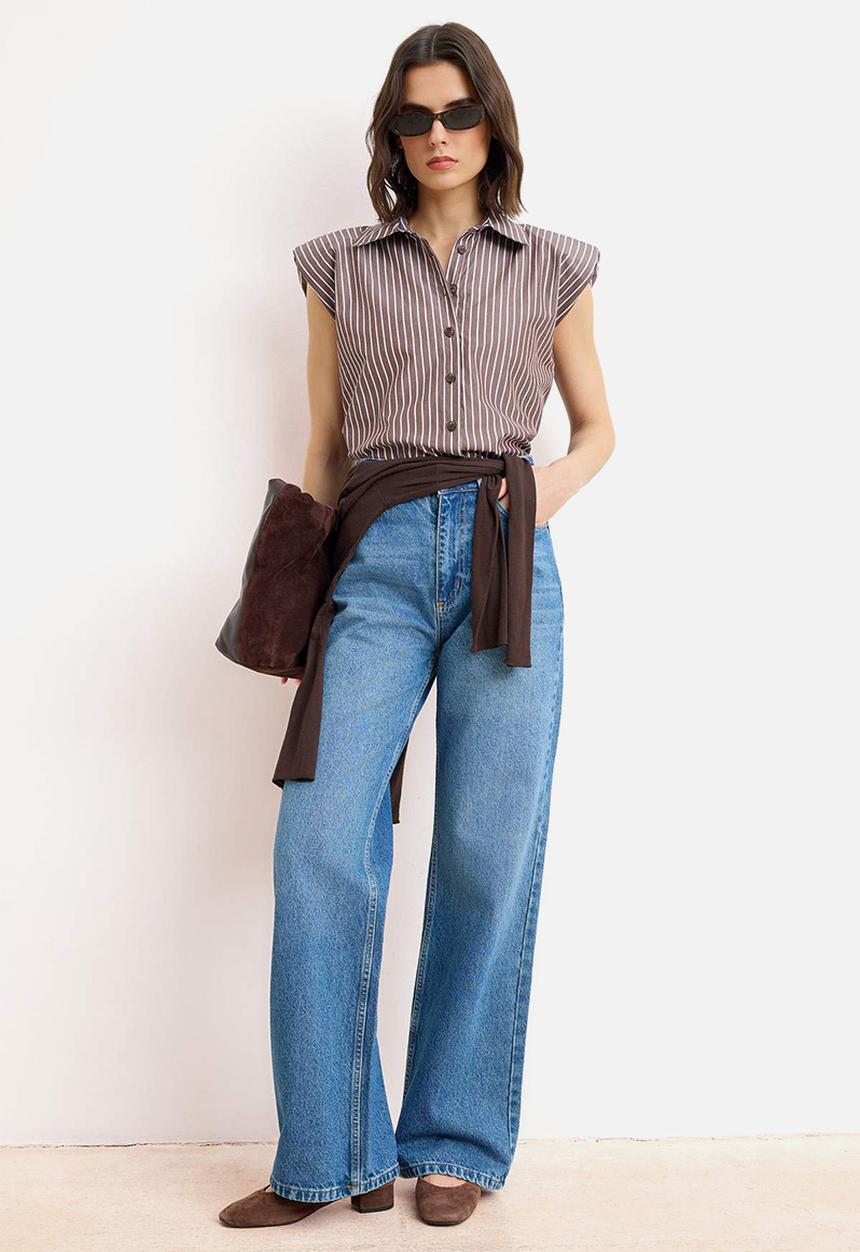 Trendyol - Striped Sleeveless Shirt with Shoulder Pads - Brown
