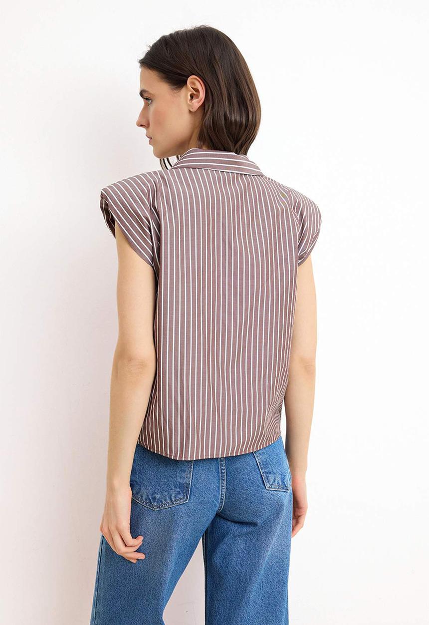 Trendyol - Striped Sleeveless Shirt with Shoulder Pads - Brown