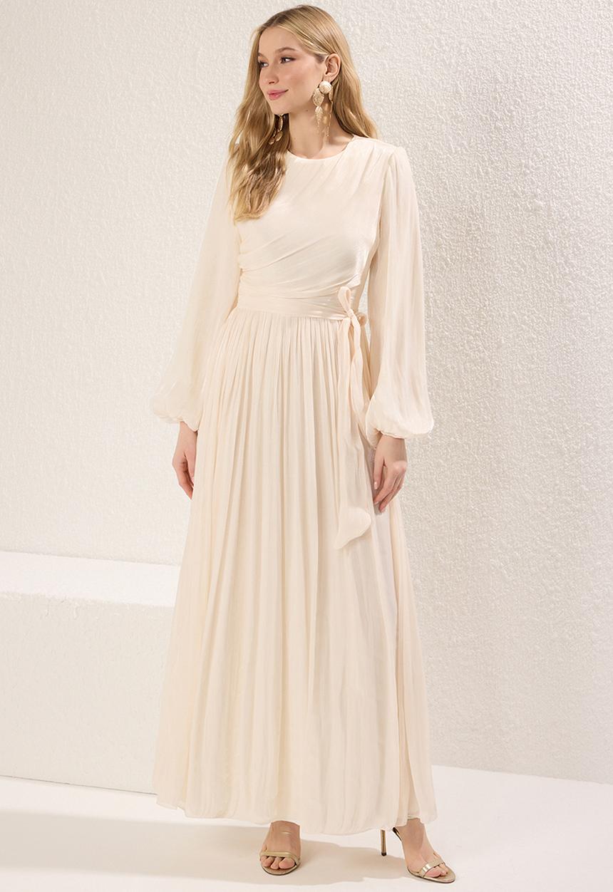 Trendyol - Girdle Glitter Lined Chiffon Dress - Ecru